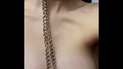 Skinny Girl's Small Titties With Nipple Clamps Wearing Leather Choker