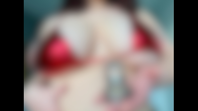 Goddess Sophia's Shiny Red Bikini Cleavage & Chastity Cage Tease