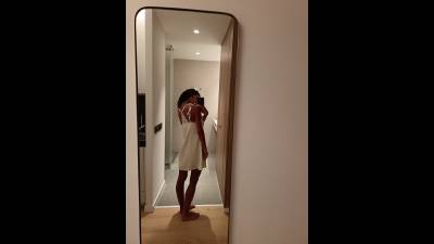Sexy Tanned Girl In Lingerie Slik Dress, Mirror Selfie