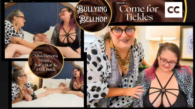 Bullying The Bellhop 4 Come For Tickles: Octogoddess, Sara Star And Fxxkbuck In Taboo Femdom Double Domination With Tickling, Bondage, Handjob, BBW Boob Worship, Cumshot Captioned
