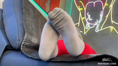 Foot Teasing In White Dirty Socks Over Red Tights On The Couch