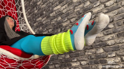 Goddess Feet Tease In Hanging Chair In White Dirty Socks And Blue Tights