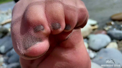 Goddess In Tan Nylons Show Her Cute Nylon Soles And Toes On The Riverside