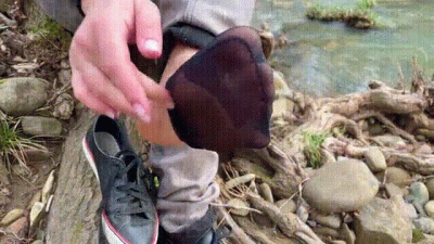 Feet Teasing At The Forest River In Cute Nylon Socks