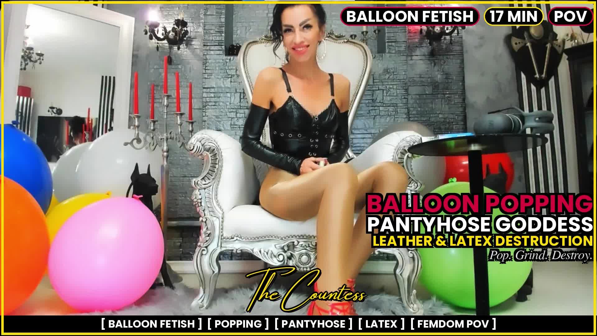Balloon Popping -- Pantyhose Goddess Leather & Latex Destruction | The Countess