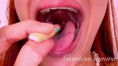 Gummy Vore. Samira Swallows Long Gummies, Puts Them In Her Throat And Takes Them Out, Plays With Them, Sucks Them And Lets Her Saliva Fall And Swallows Them