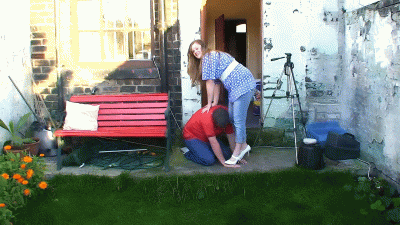 2 Girls Trample The Slaves Hands & Fingers On The Cold Concrete Floor