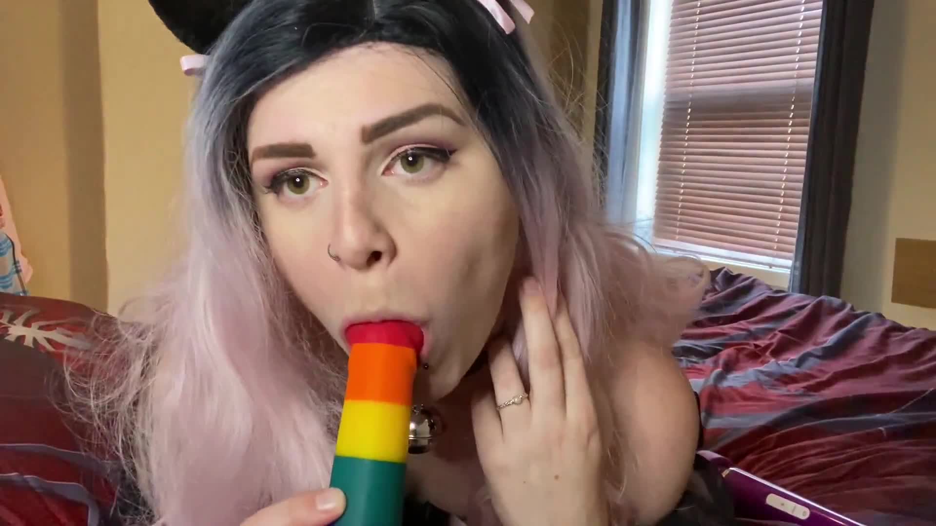 Horny Cat Girl Sucks And Fucks Her Rainbow Dildo