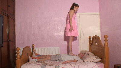 Sophie Wearing Her Pink Dress Tramples & Stomps & Jumps On Her Slave