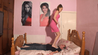 Sophie Trampling Jumping Stomping & Face Standing On The Bed In A Pink Dress