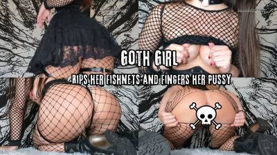 Goth Girl Rips Her Fishnets And Fingers Her Pussy