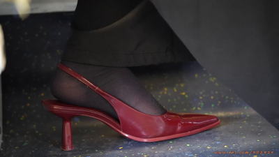 Candid Amazing Nylon Feet With Sexy Red High Heel Pointed Sandals