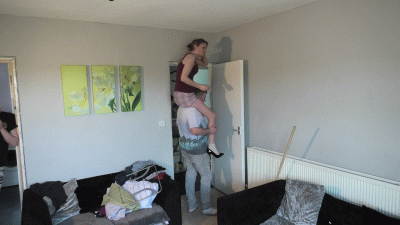Chelsea's Shoulder Ride In Shorts High Heels & Socks