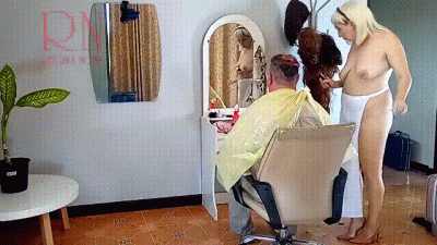 Nudist Barbershop. Nude Lady Hairdresser In An Apron. Spy Camera. The Client Is Surprised. Short 3