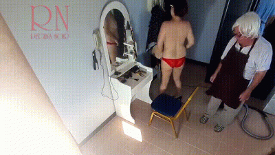 Camera In Nude Barbershop. Hairdresser Makes Undress Lady Ho Cut Her Hair. Barber, Nudism. Cam 2
