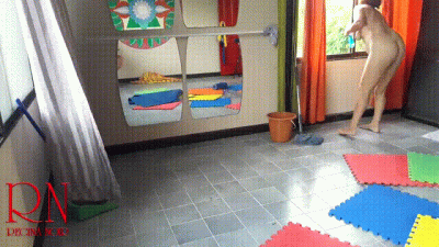 Nudist Maid Cleans The Yoga Room. A Naked Cleaner Cleans Mirrors, Sweeps And Mops The Floor. Full Video. C2