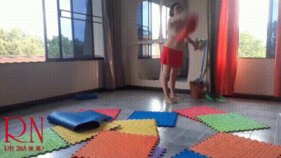 Nudist Maid Cleans The Yoga Room. A Naked Cleaner Cleans Mirrors, Sweeps And Mops The Floor. Scene 1
