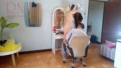Nudist Barbershop. Nude Lady Hairdresser In An Apron. Spy Camera. The Client Is Surprised. 1 4