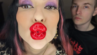 Juicy Sticky Loud Aggressive Kisses All Over A Guy's Face With Red Lipstick