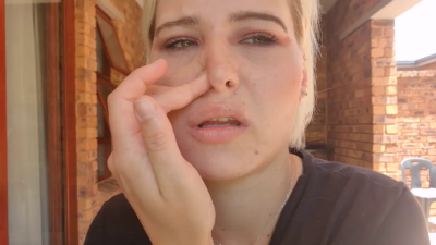 Dressed Blonde Slut Picking And Blowing Her Nose, Nose And Snot Play