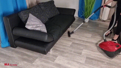 Mila Vacuuming Food, Snacks And Balloons Behind The Couch