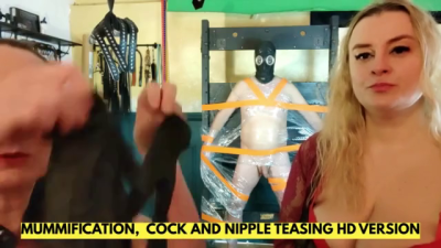 A Sub Mummified On A Pillory Is Getting Excited By Cock And Nipples Teasing English
