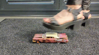 Abby Giantess Toy Car Crush 1960S Cadillac Junker In Sexy Black Platform High Heels Low Side View