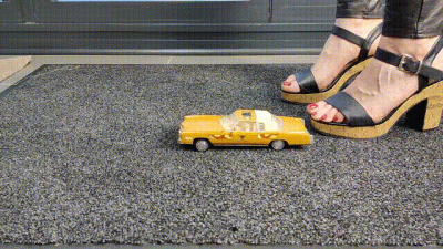 Abby Giantess Toy Car Crush 1970 Cadillac Eldorado In Chunky High Heels Low Side View