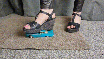 Abby Giantess Toy Car Crush 1957 Ford Fairlane In Chunky Black Wedges Low Side View