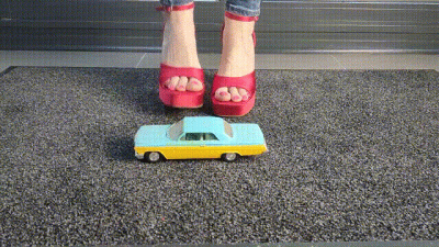 Abby Giantess Toy Car Crush 1970S Chevrolet Impala In Chunky Pink Platform High Heels Low Side View