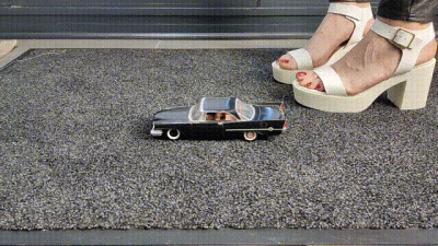 Abby Giantess Toy Car Crush 1957 Chrysler 300C In Sexy White Chunky Heels Low Side View