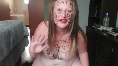 Sitting Topless Degrading Myself Out Of Fury With Body Writing, Hair Pulling, Face And Boob Slapping