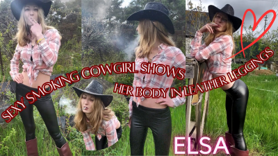 Sexy Smoking Cowgirl Shows Her Body In Leather Leggings
