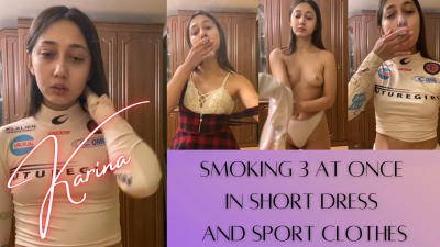 Smoking 3 At Once In Short Dress And Sport Clothes