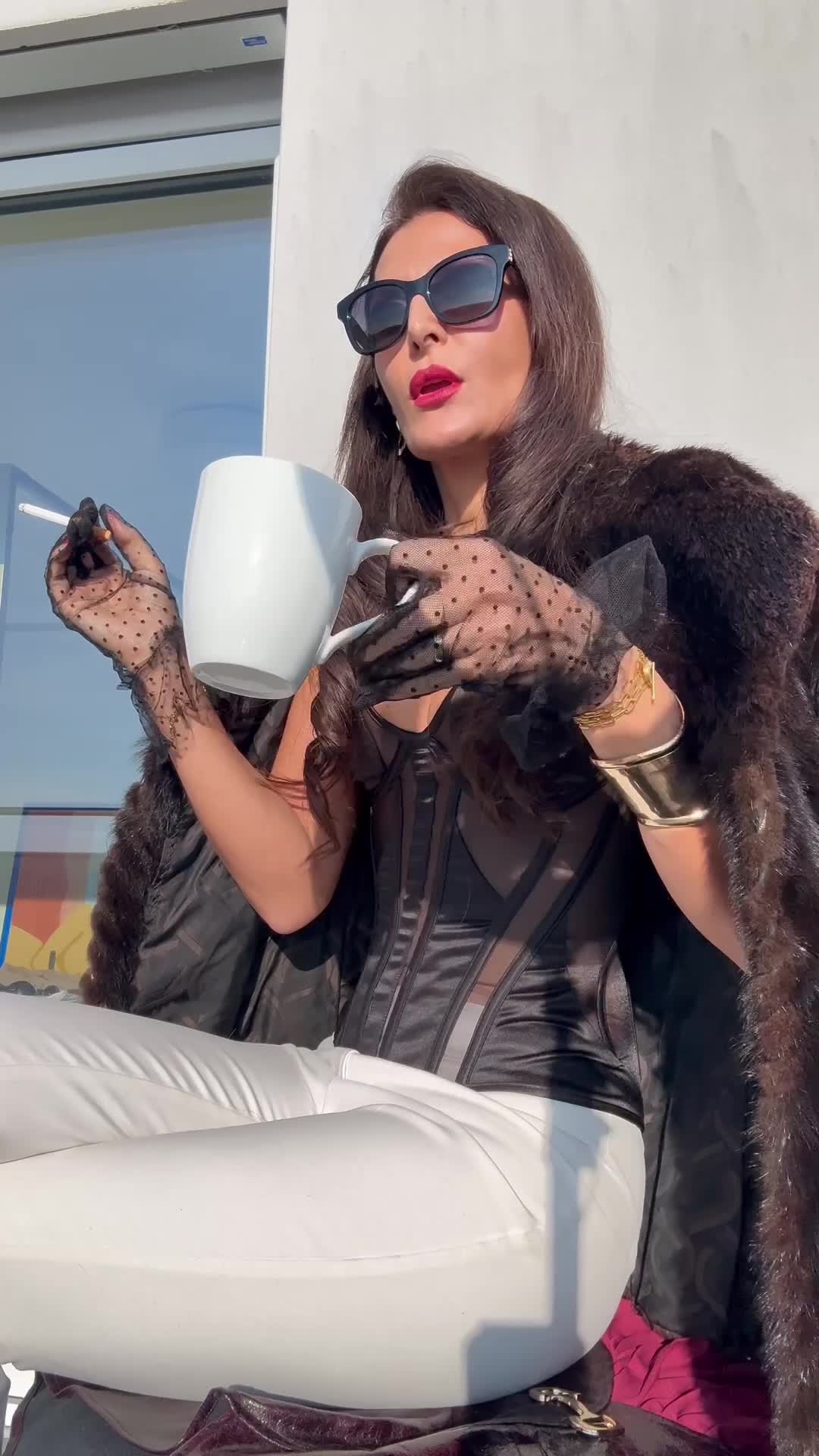 Du Bist Nur Mein Aschenbecher, Dreck- Brutal Elegante Femdom Demutigung Auf Der Terrasse POV Smoking Goddess Sultana In Fur- German Speaking With English Subtitles