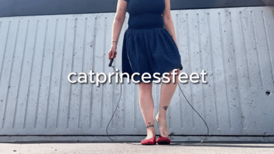 Slow Motion Public Jumping Rope, Skirt, Flats Tease, Hungarian MILF Feet, Pink Long Toenails