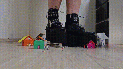 Giantess Crushes Tinies & Village In Two Pairs Of Gothic Boots