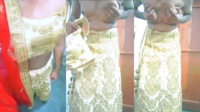 Indian Gay Crossdresser Bottom Gaurisisy Feeling Horny And Pressing And Playing With Her Big Boobs In Golden Lehanga