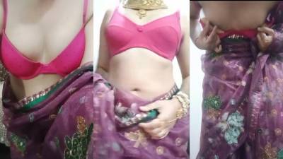 Indian Gay Crossdresser Bottom Gaurisissy Showing Her Big Boobs In Purple Saree