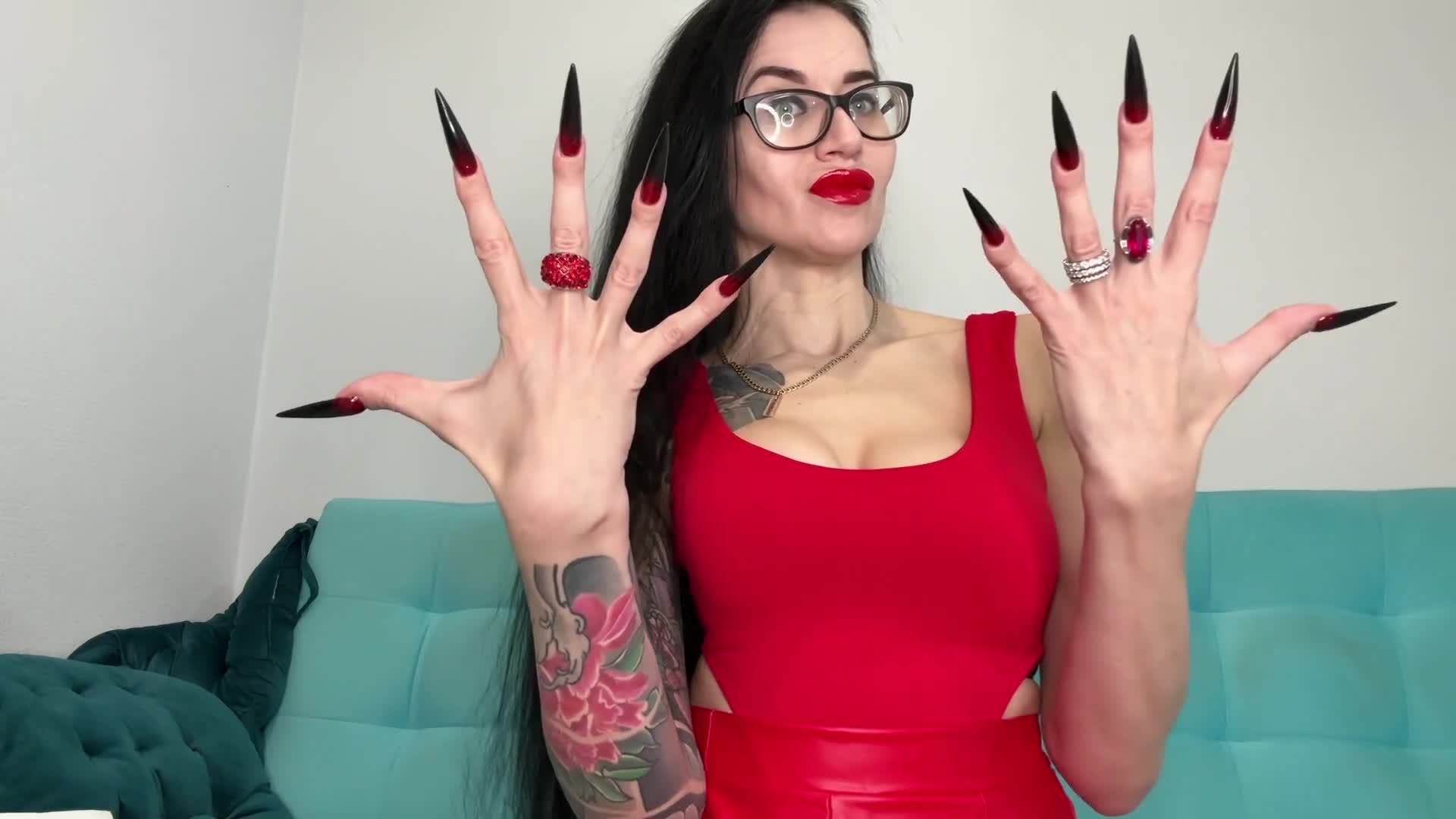 Hot Black Color Long Nails, Sharp Claws, Red Lingerie, Stockings And Tearing My Black Stockings With My Nails