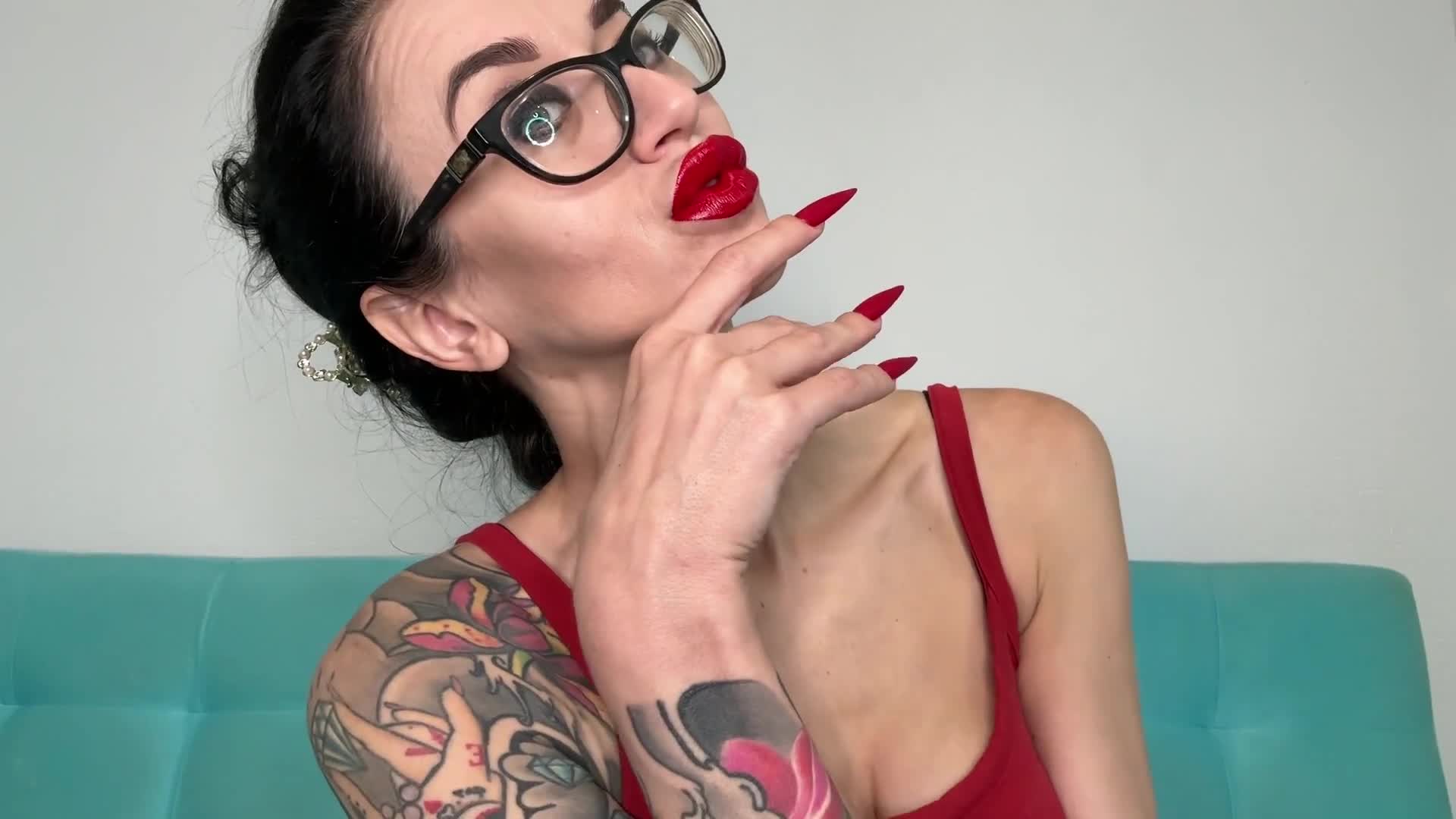 Red Matte Color Long Nails, Claws, Long Flexible Fingers Wide Palms, Skin Scratching, Red Lipstick