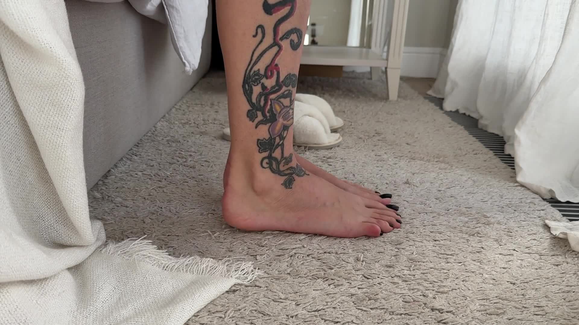 My Fluffy Slippers On My Bare Feet With Long Toes, Black Toenails