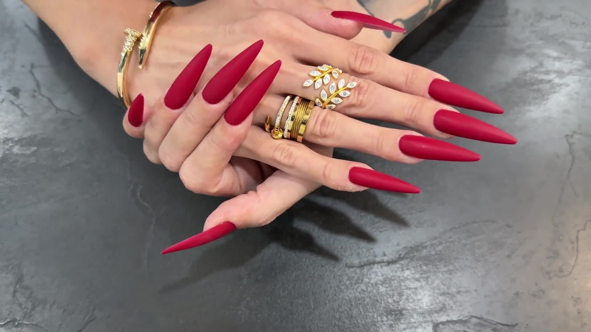 Red Matte Color Long Nails, Palms And Long Fingers Wide