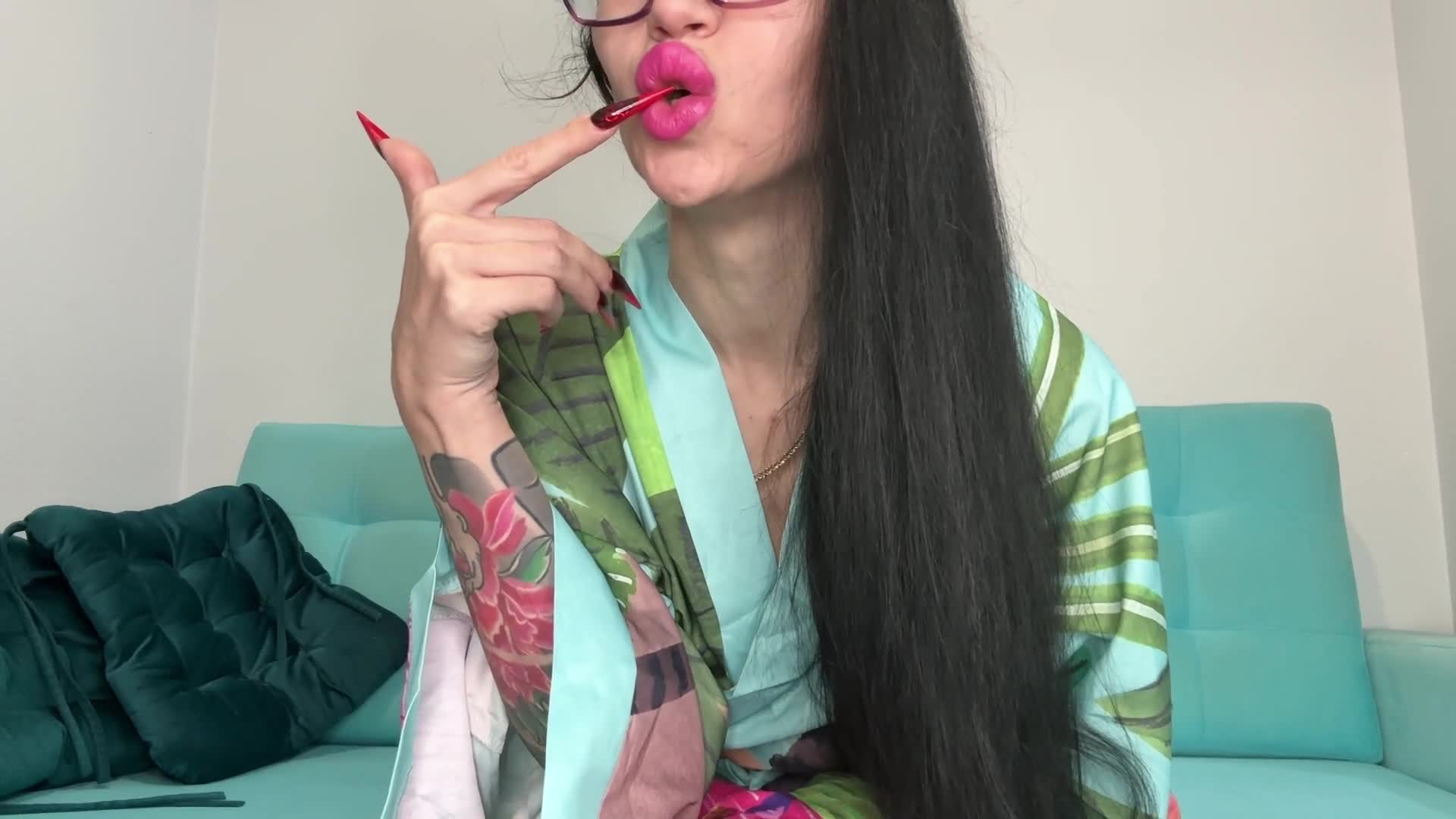 Red Color Long Nails, Sharp Stilettos, Palms, Long Fingers And Hands Worship, Lingerie And Silk Robe On Me