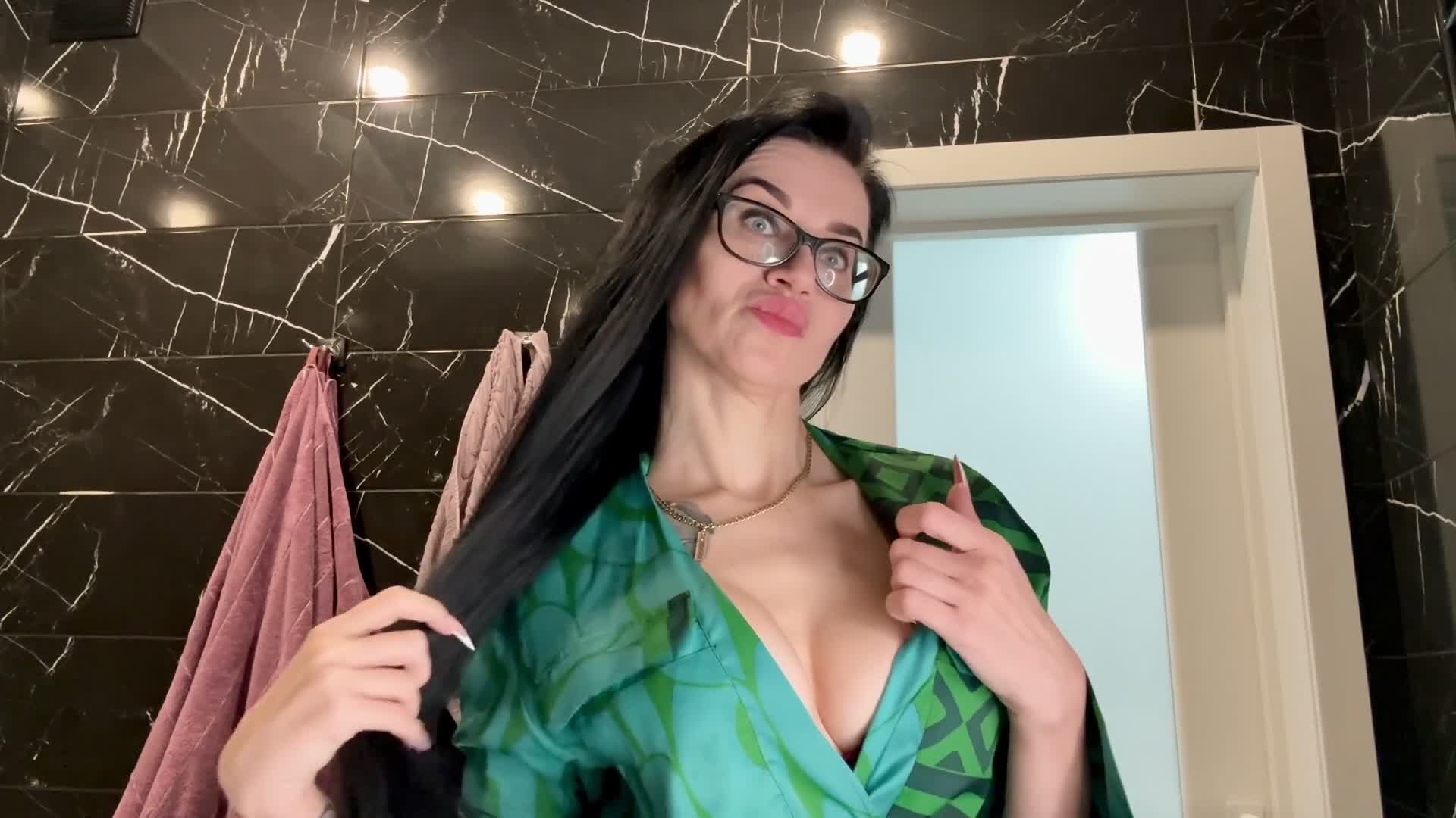 Brushing My Teeth, Silk Robe And Bra On Me, Glamour MILF With Glasses And Big Lips