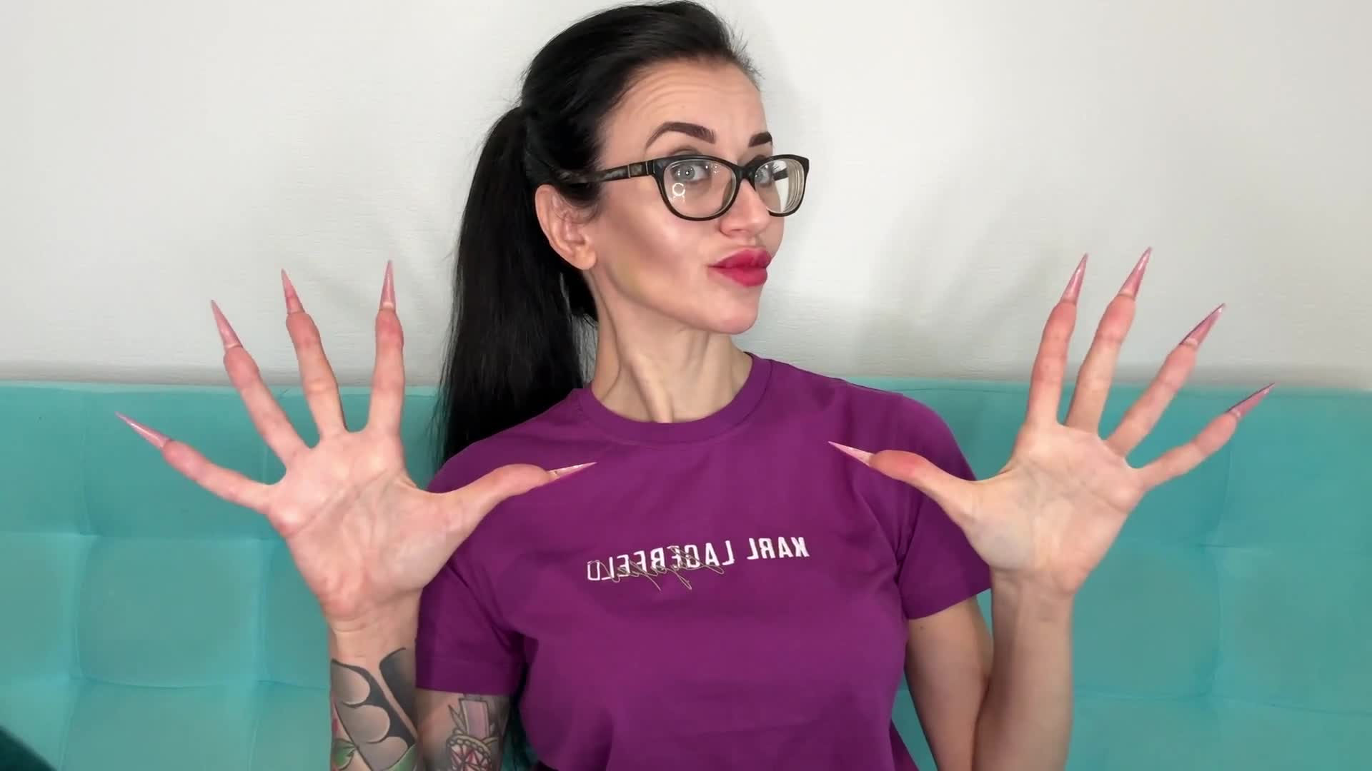 Finger Snapping, Long Fingers With New Purple Color Long Nails, Sharp Stilettos