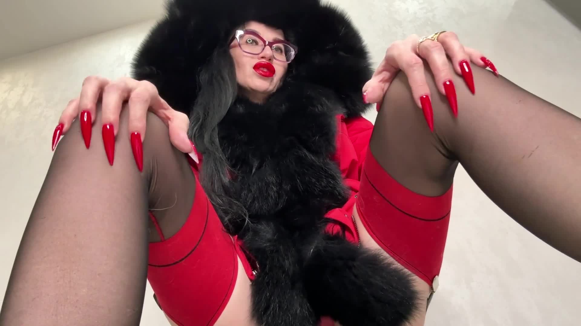 Red Long Nails, Claws And Fur, Red Underwear, Stockings With Suspenders