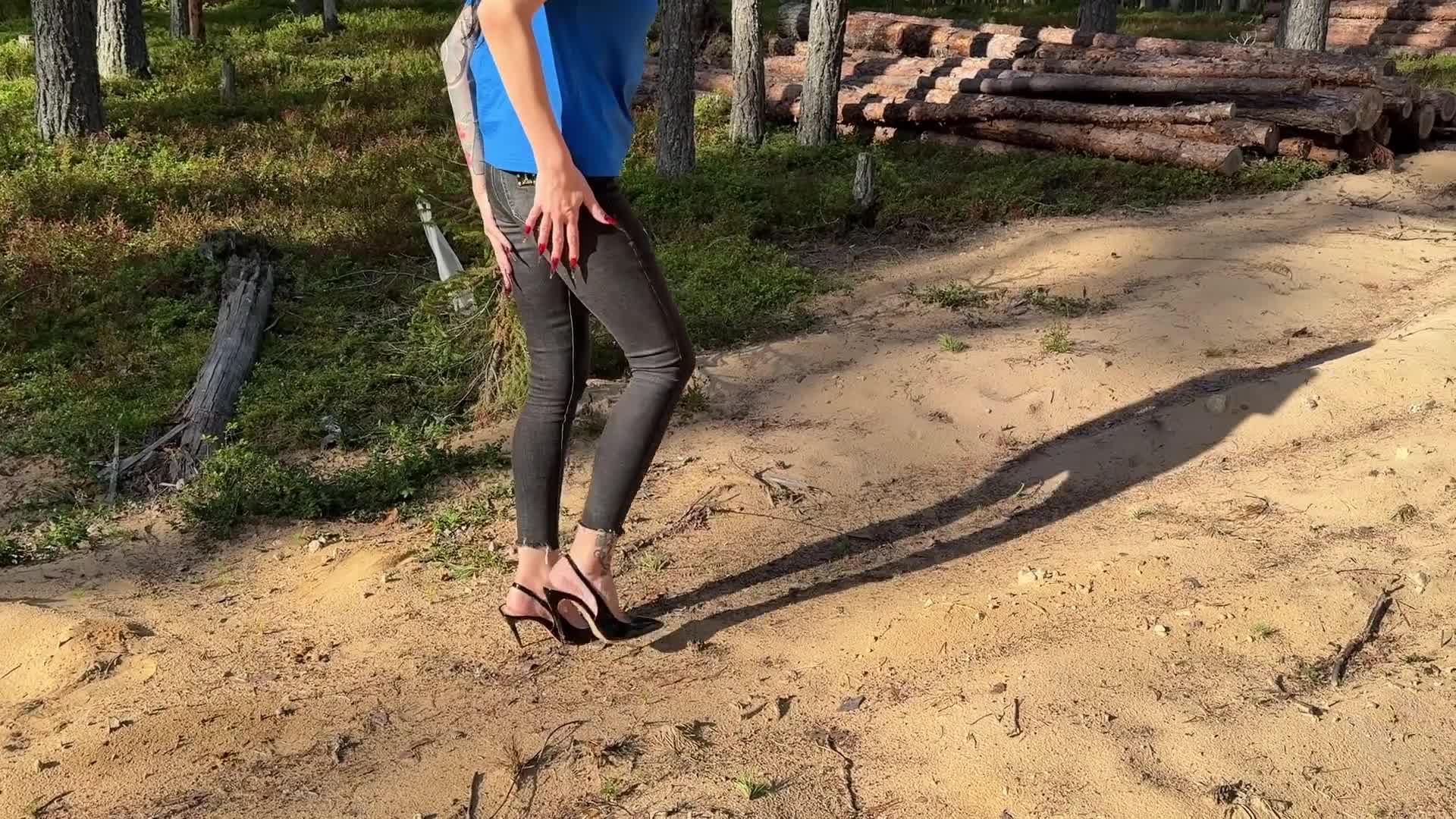 Black Classic Stiletto High Heels With No Back, 12 Cm Heels In The Forest, Deep In The Sand