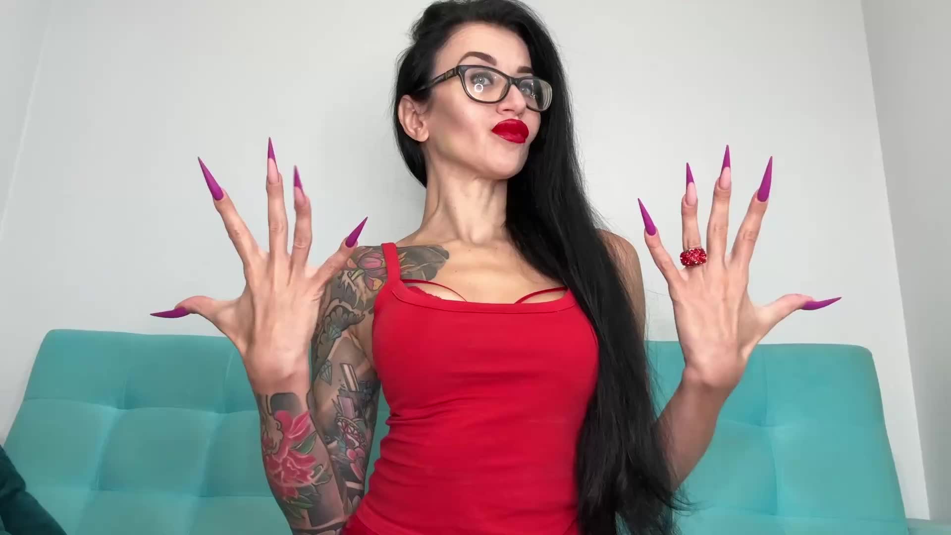 New Purple Color Long Nails, Sharp Stilettos, Palms, Handjobs With Spit, Red PVC On Me