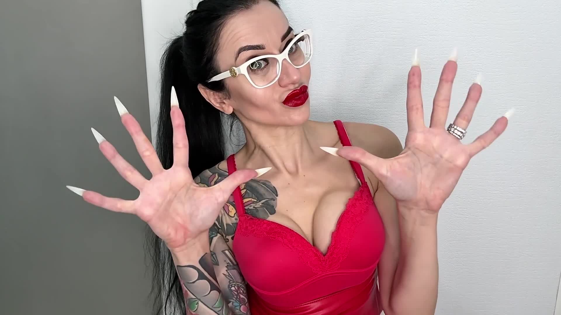 Hot White Color Long Nails, Sharp Claws And Kinky Handjobs With Spit